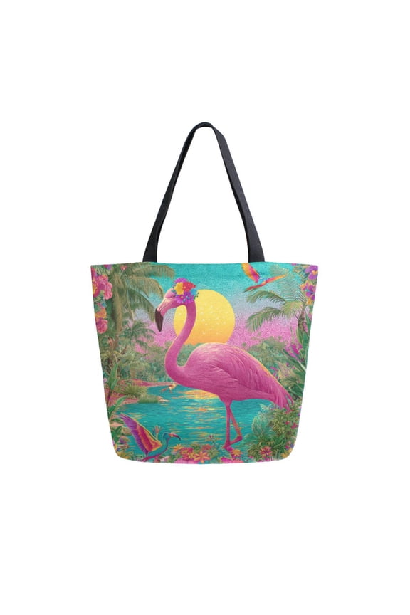 Large Opening Canvas Tote Bag Thickened Canvas Shopping Bag Commuter Handbag Multi-color Available Flamingo Resort Style