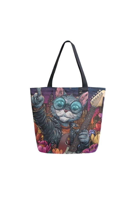 Large Opening Canvas Tote Bag Thickened Canvas Shopping Bag Commuter Handbag Multi-color Available Rockstar Cat