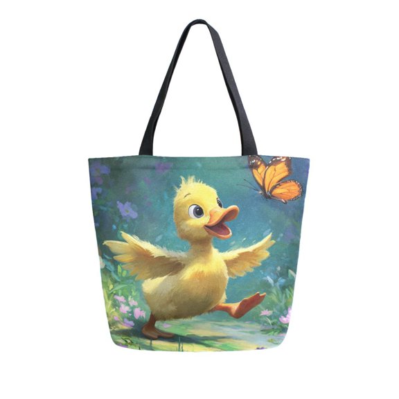 Large Opening Canvas Tote Bag Thickened Canvas Shopping Bag Commuter Handbag Multi-color Available Yellow Duck and Butterfly