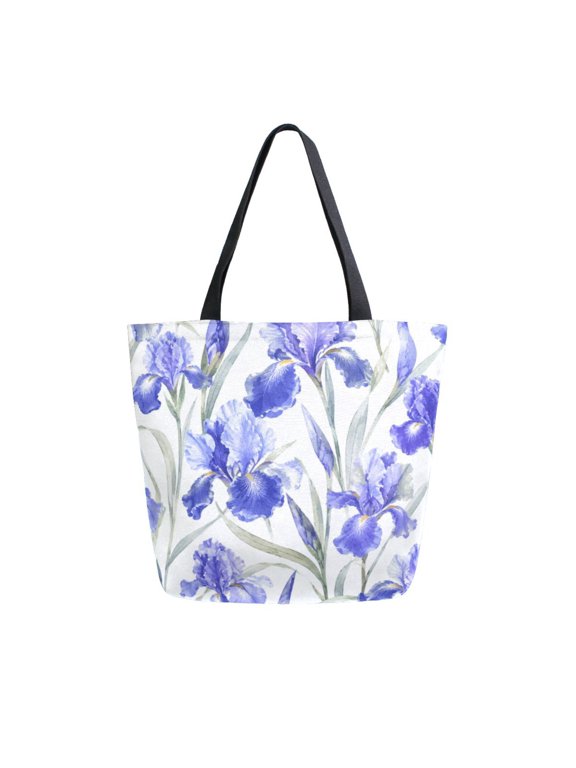 Large Opening Canvas Tote Bag Thickened Durable Shopping Bag Casual Commuter Handbag Lightweight Reusable Daily Bag Blue Iris Floral Pattern