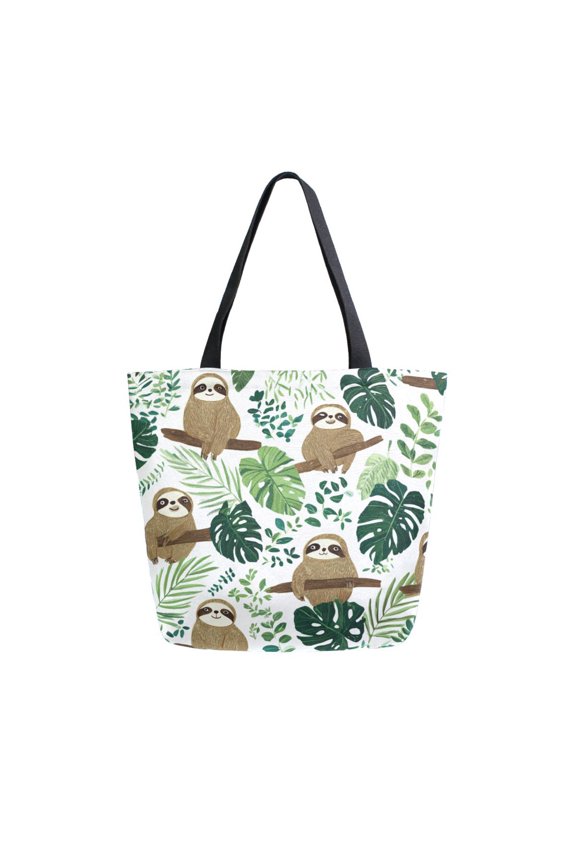 Large Opening Canvas Tote Bag Thickened Durable Shopping Bag Casual Commuter Handbag Lightweight Reusable Daily Bag Leafy Sloth Design