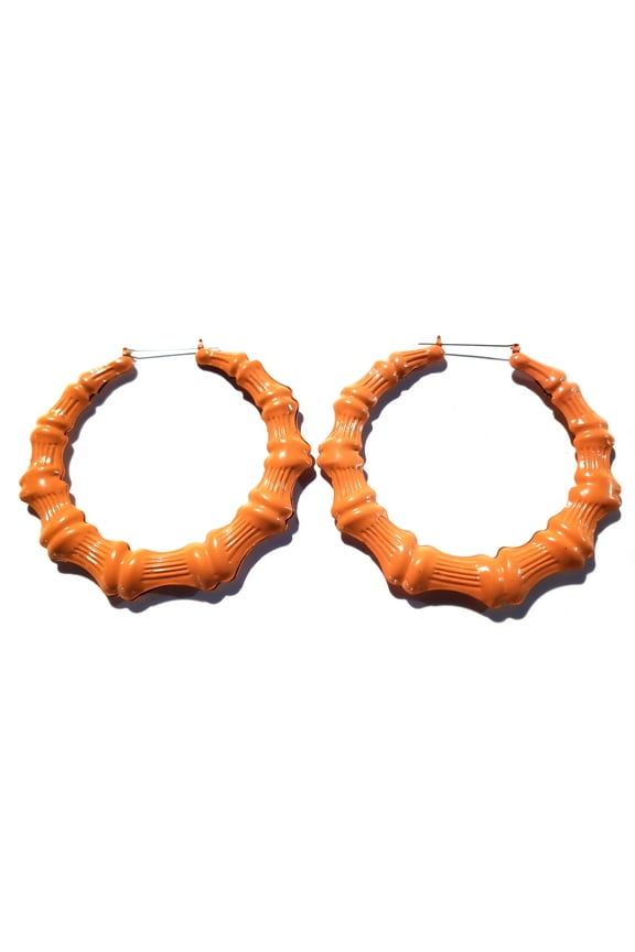 Large Orange Bamboo Hoop Earrings 3.75 inch Hoops