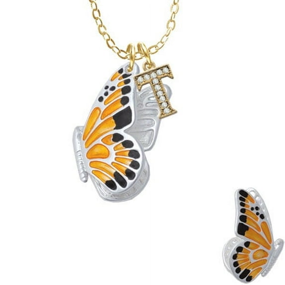 Large Orange & Black Flying Butterfly - T - Gold Tone Crystal Initial Sophia Necklace, 18"+1"