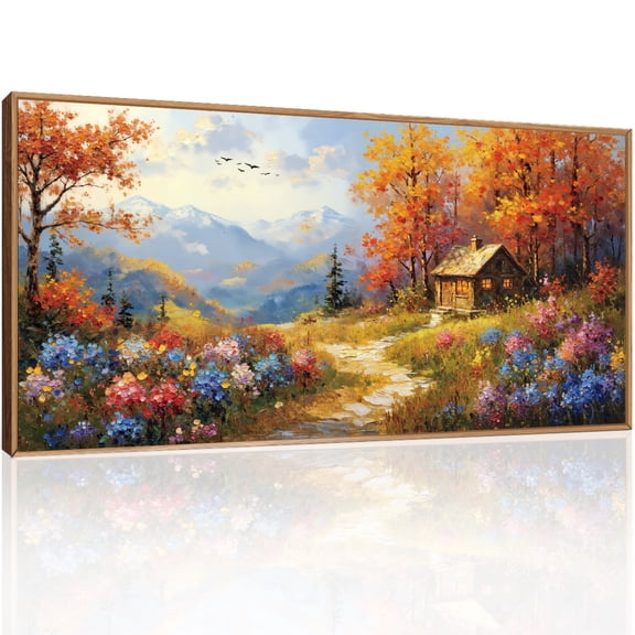 Large Orange Tree Forest Canvas Wall Art Framed Vintage Wildflowers Wall Painting Nature Autumn Scenery Wall Decor for Living Room Bedroom Farmhouse 20X40In