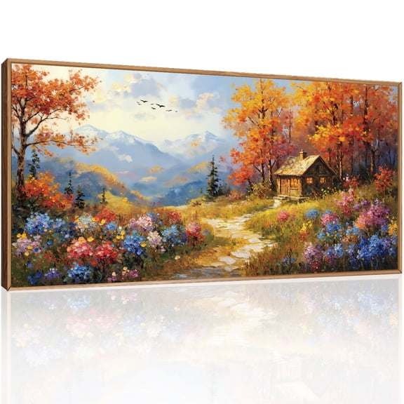 Large Orange Tree Forest Canvas Wall Art Framed Vintage Wildflowers Wall Painting Nature Autumn Scenery Wall Decor for Living Room Bedroom Farmhouse 20X40In