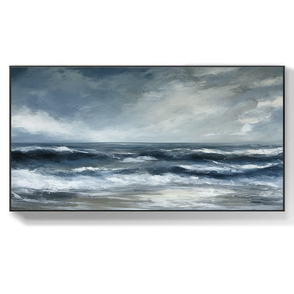 Large Original Blue Ocean Abstract Painting On Canvas Gray Sky Landscape Painting Sea Canvas Painting Living Room Wall Art,Unstretched,Frameless,(41*61cm)16*32Inches