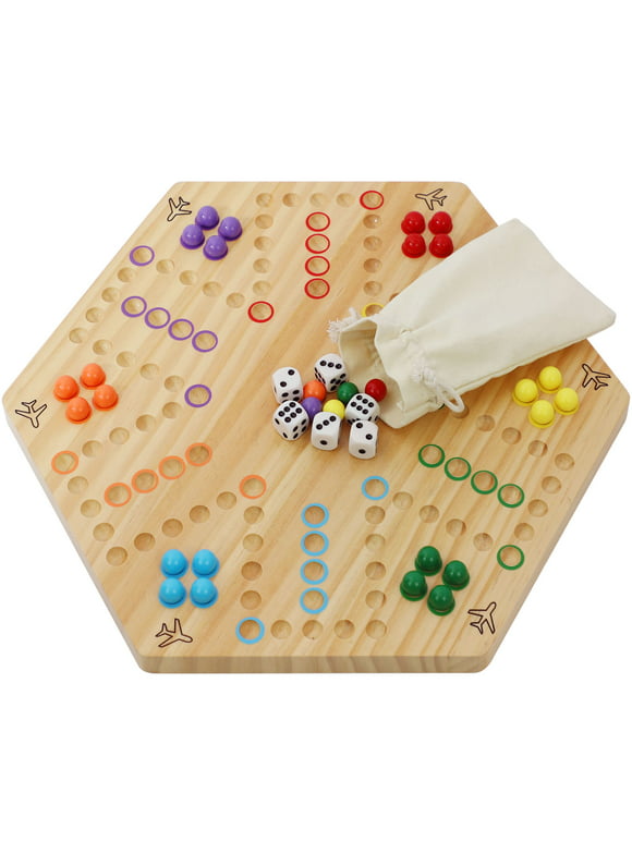 Large Original Marble Game Wahoo Board Game Double Sided Painted Wooden Fast Track Board Game for 6 and 4 Players 6 Colors 24 Marbles 6 Dice for Family Friends and Party (Extra-Large Size)