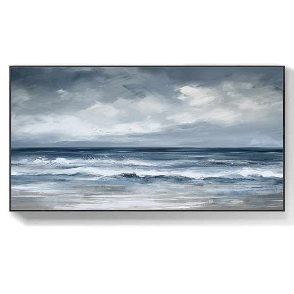 Large Original Sea Handmade Oil Painting Modern Blue Canvas Wall Art Minimalist Ocean Wave Painting Beach Art Custom Living Room Wall Decor,Unstretched,Frameless,(41*61cm)16*32Inches