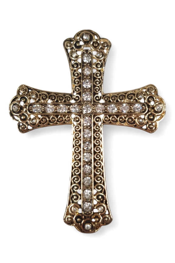 Large Ornate Cross Pin Brooch Antiqued Gold Tone Clear Rhinestone 3"