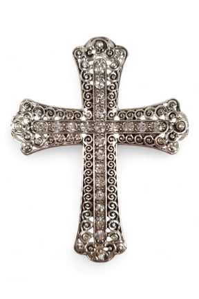 Large Ornate Cross Pin Brooch Antiqued Silver Tone Clear Rhinestone 3"