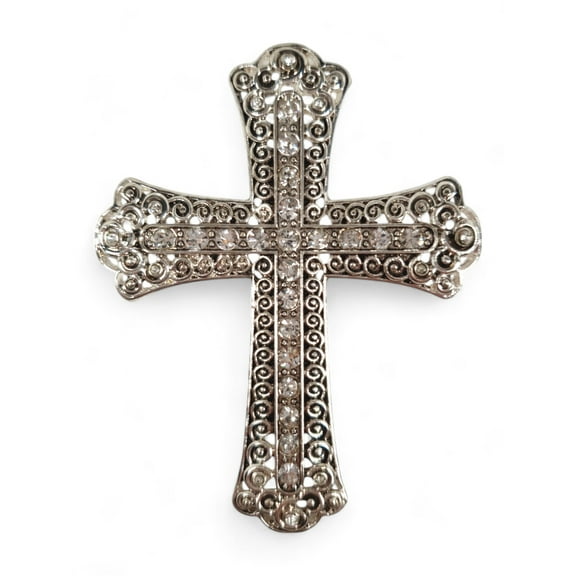 Large Ornate Cross Pin Brooch Antiqued Silver Tone Clear Rhinestone 3"