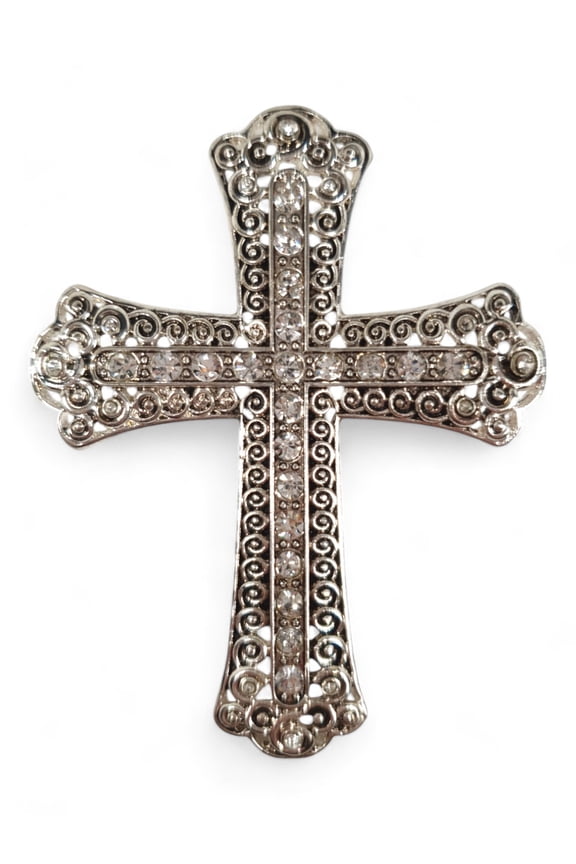 Large Ornate Cross Pin Brooch Antiqued Silver Tone Clear Rhinestone 3"