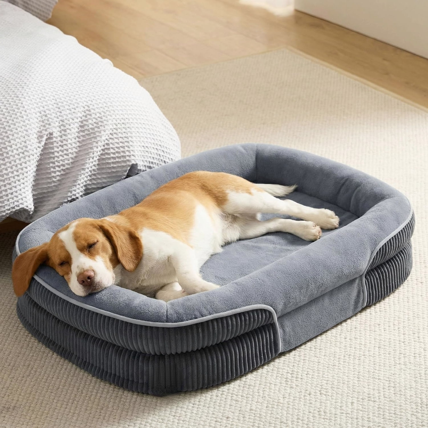 Large Orthopedic Dog Bed Grey 35 Inch 360 Degree Oval Bolster Pet Sofa