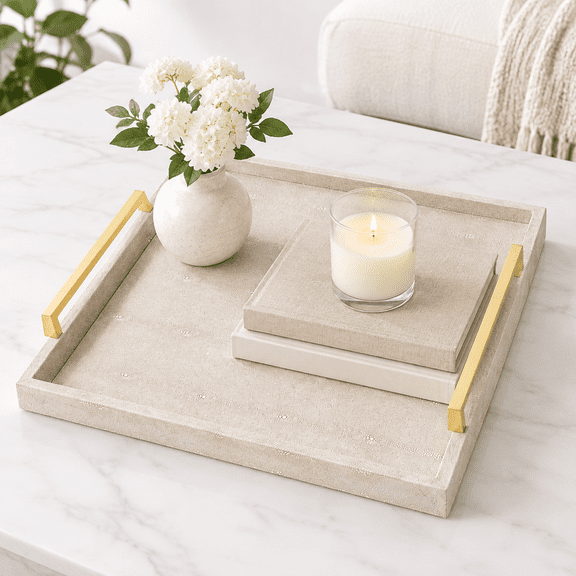 Large Ottoman Tray For Coffee Table Square Shagreen Leather Decorative With Handles Living Room Decor