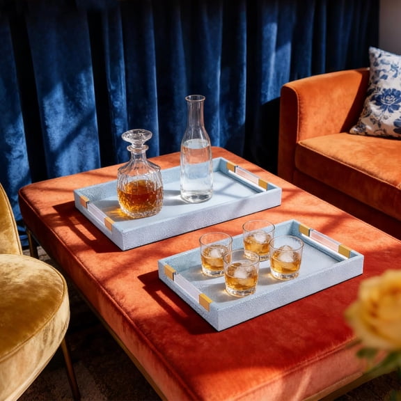 Large Ottoman Tray Shagreen Decorative Serving Tray with Acrylic Gold Handles, Ice Blue Vegan Leather Coffee Table Tray for Home Decor