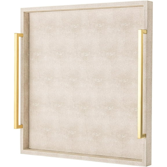 Large Ottoman Tray for Coffee Table,Square Shagreen Leather Decorative Tray with Gold Handles for Living Room Decor