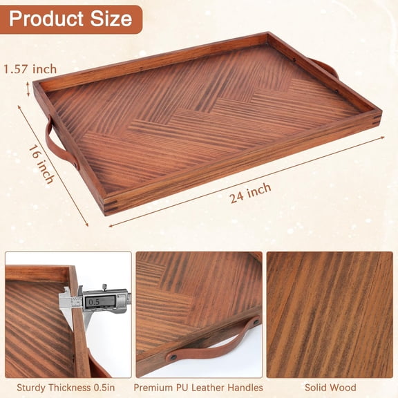 Large Ottoman Wooden Tray with Leather Handles, 24x16 Inch Rustic Serving Tray for Coffee Tables Living Rooms Kitchens