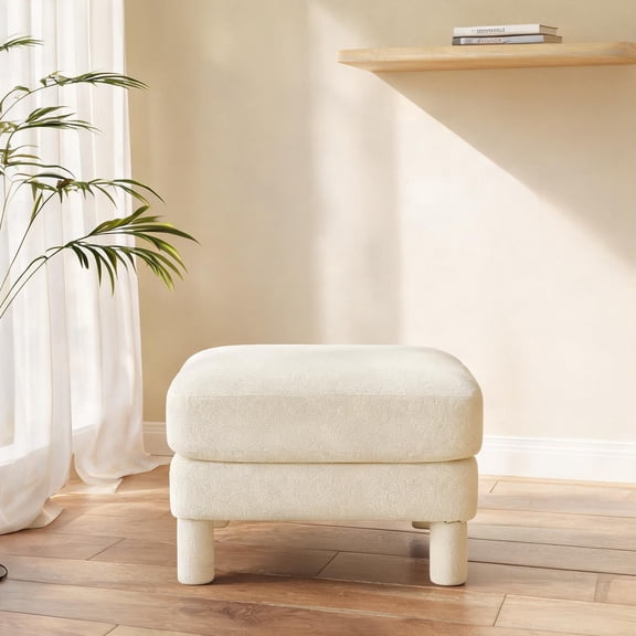 Large Ottoman with Boucle Upholstery in Soft Beige, Modern Square Design