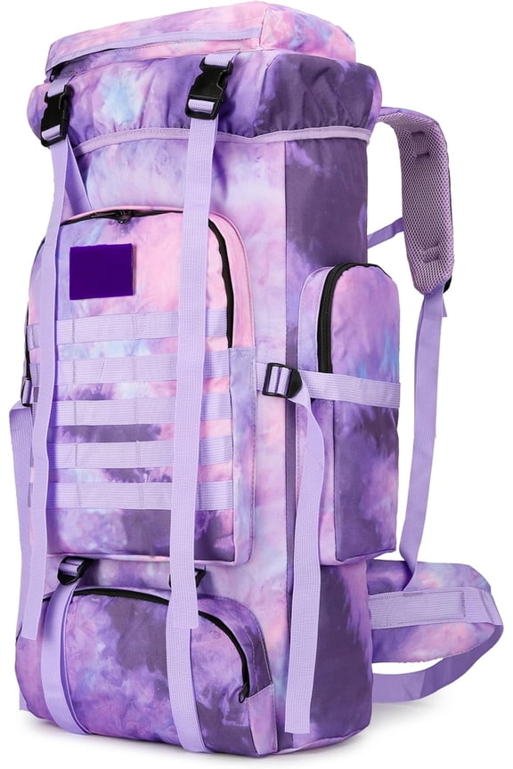 Large Outdoor Backpack with MOLLE System, 70L Capacity, Purple Nebula, Military Style, Tie-Dye Pattern, Water Resistant