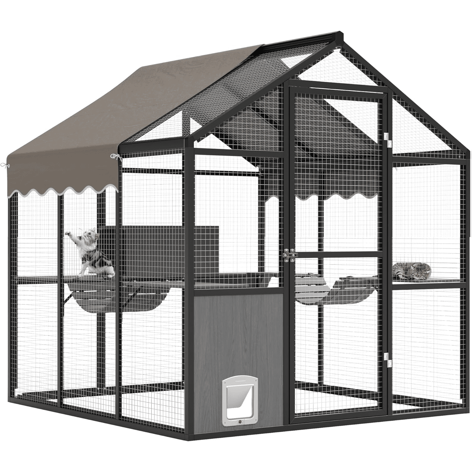 Large Outdoor Cat Enclosure,Aluminum Walk-In Wooden Outside Cattery Cat Run  with Weatherproof Roof with Channels, Side Door, UV Proof Cover, Idea for Multiple Cats