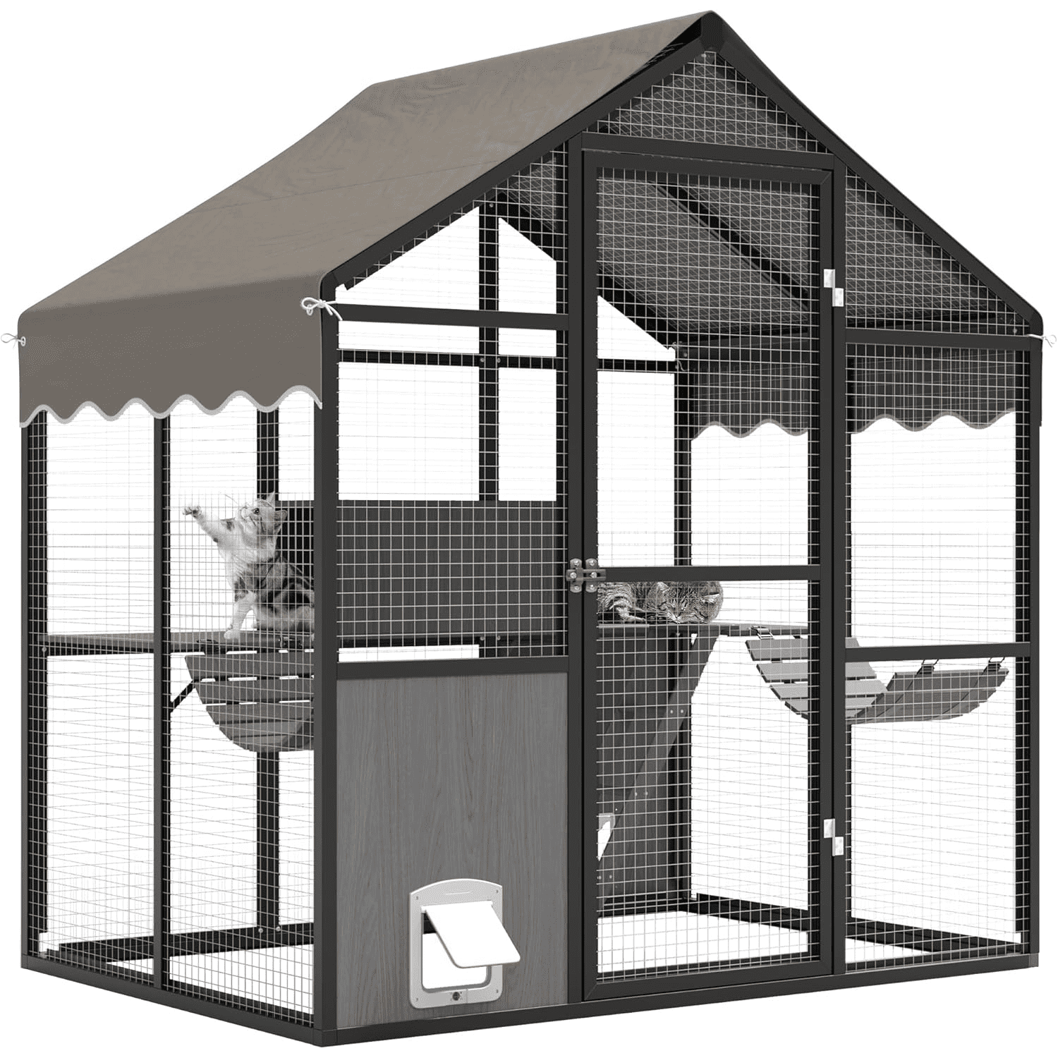 Large Outdoor Cat Enclosure,Aluminum Walk-In Wooden Outside Cattery Cat Run  with Weatherproof Roof with Channels, Side Door, UV Proof Cover, Idea for Multiple Cats