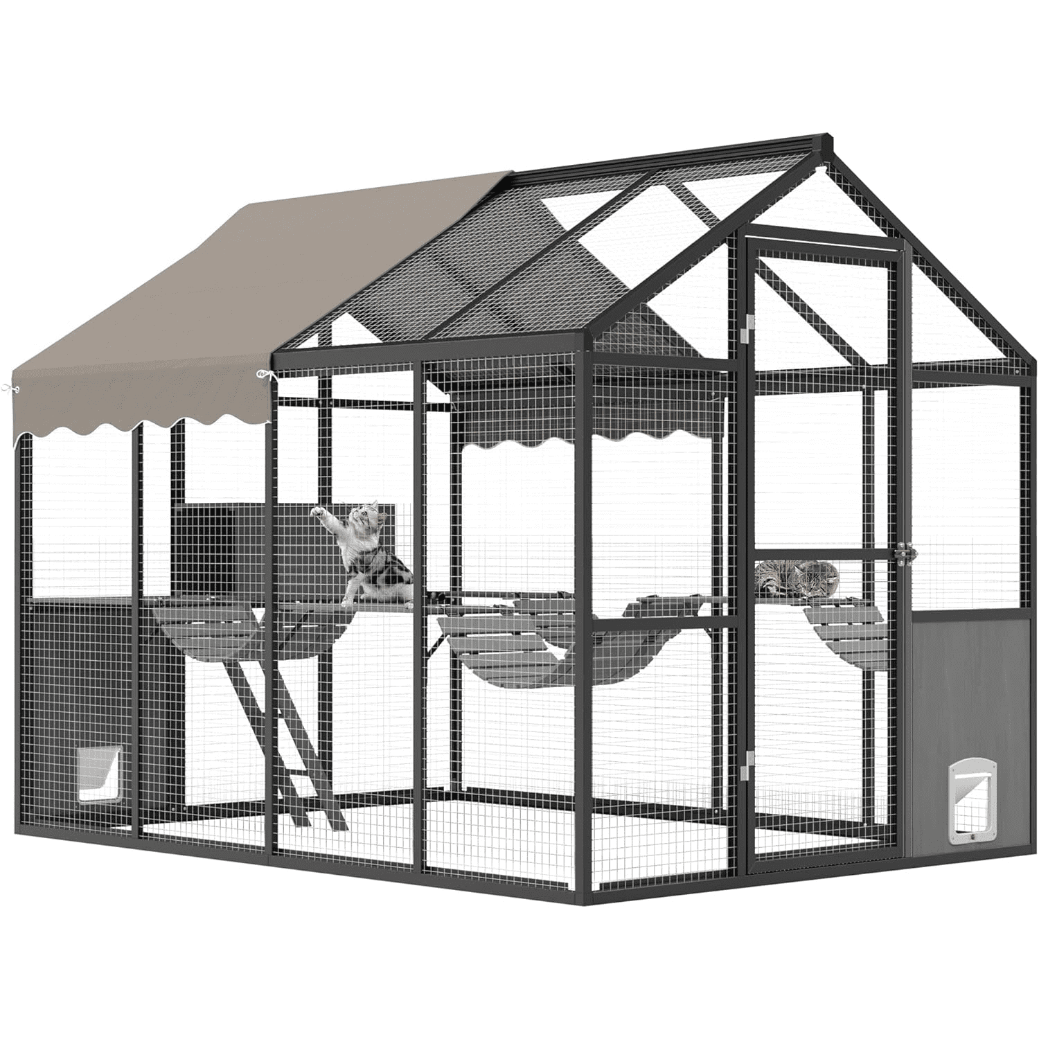 Large Outdoor Cat Enclosure,Aluminum Walk-In Wooden Outside Cattery Cat Run  with Weatherproof Roof with Channels, Side Door, UV Proof Cover, Idea for Multiple Cats