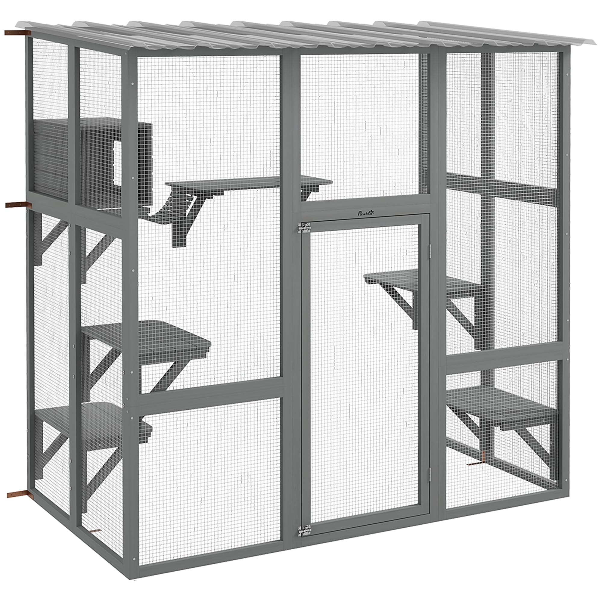 Large Outdoor Cat Enclosure for Indoor Cats, Wooden Catio with Scratching Posts and Weatherproof Roof, Spacious Resting Area for 1-2 Cats, Gray, 68" x 35.5" x 70.5"