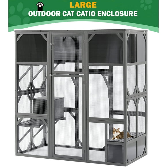 Large Outdoor Cat Enclosure, Seizeen Wooden Catio Cat House, All-weather Cat Cage for Outside Indoor Use, Waterproof Sun Visor, Resting Box, Drawbridge, Platform, Bench for Kitty Playing, 67.5''L