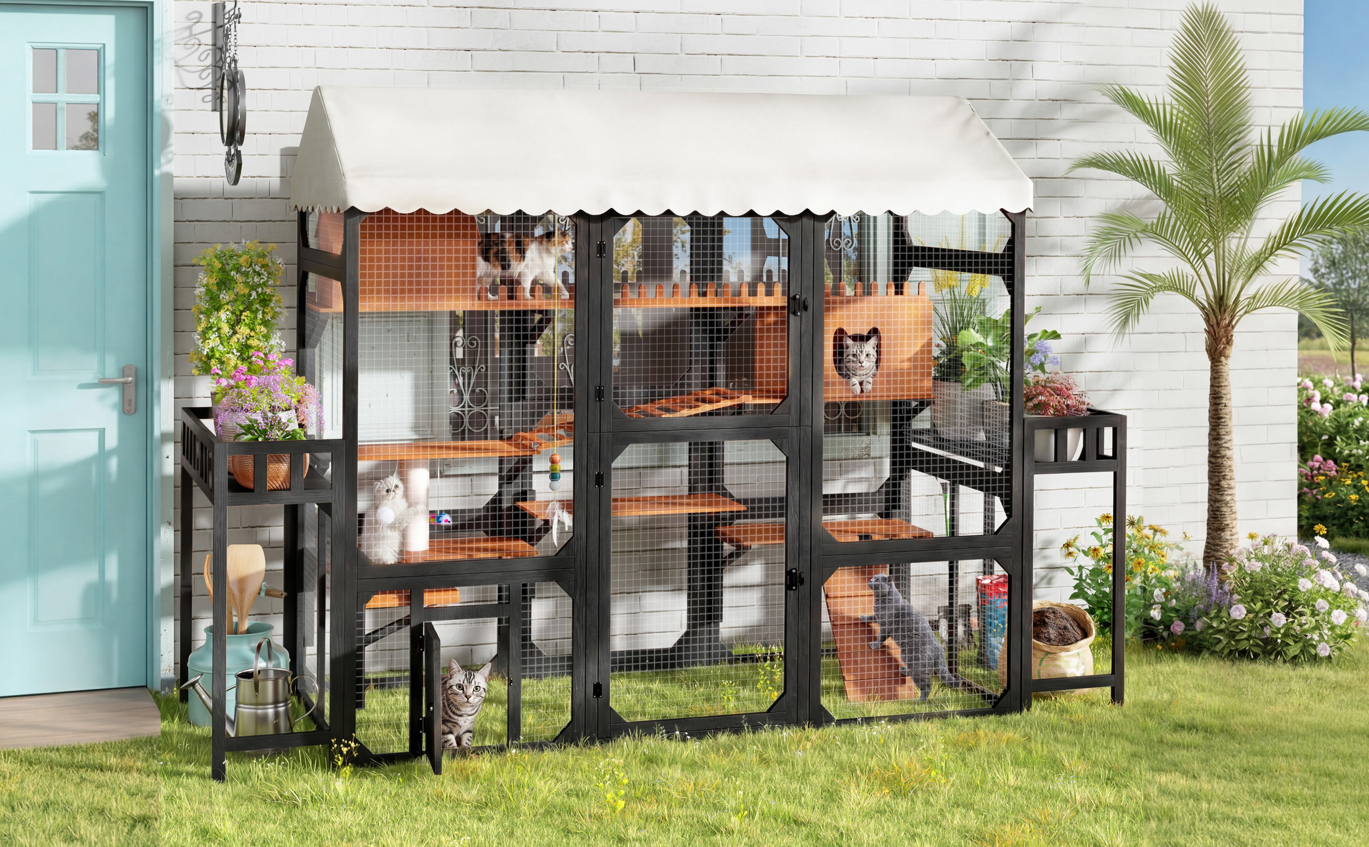 Large Outdoor Cat Enclosure Wooden Catio with 2 Plant Stands, Multi-Level Cat Playpen with Weather-Resistant Roof, Resting Box, Climbing Ramps & Wire Mesh for Backyard Patio, Black