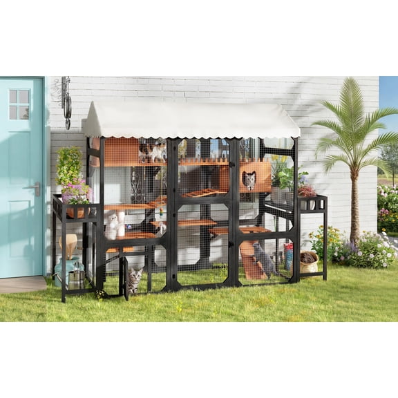 Large Outdoor Cat Enclosure Wooden Catio with 2 Plant Stands, Multi-Level Cat Playpen with Weather-Resistant Roof, Resting Box, Climbing Ramps & Wire Mesh for Backyard Patio, Black