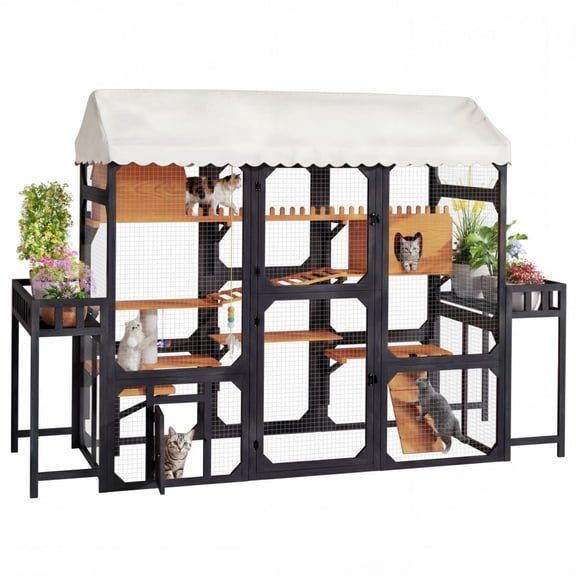 Large Outdoor Cat Enclosure Wooden Catio with 2 Plant Stands, Multi-Level Cat Playpen with Weather-Resistant Roof, Resting Box, Climbing Ramps & Wire Mesh for Backyard Patio,Black