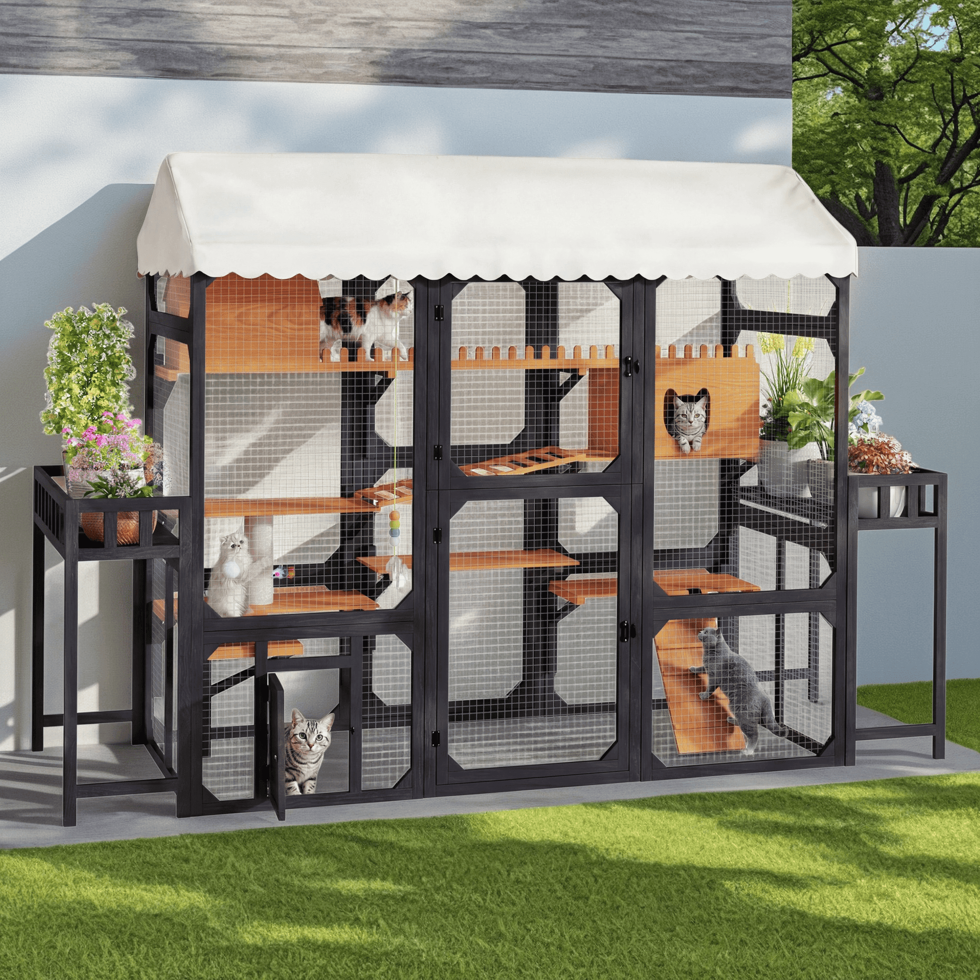 Large Outdoor Cat Enclosure, Wooden Catio with 2 Plant Stands, Multi-Level Cat Playpen with Weather-Resistant Roof & Wire Mesh for Backyard Patio, Black