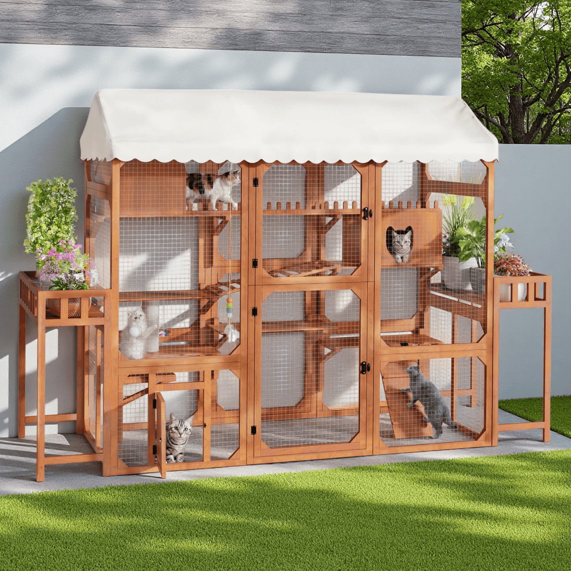 Large Outdoor Cat Enclosure, Wooden Catio with 2 Plant Stands, Multi-Level Cat Playpen with Weather-Resistant Roof & Wire Mesh for Backyard Patio, Brown