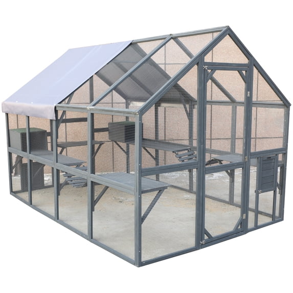 Large Outdoor Cat Enclosure Wooden Catio with Bridges, Walks, Small Houses, Roof Cover 110 Inch Gray