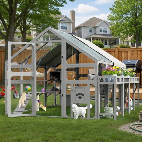Large Outdoor Cat House with Planter Stand, Wooden Cat Enclosure with Resting Boxes, Hanging Bridge & Platforms, Walk-In Catio Cage with Waterproof Cover, Grey