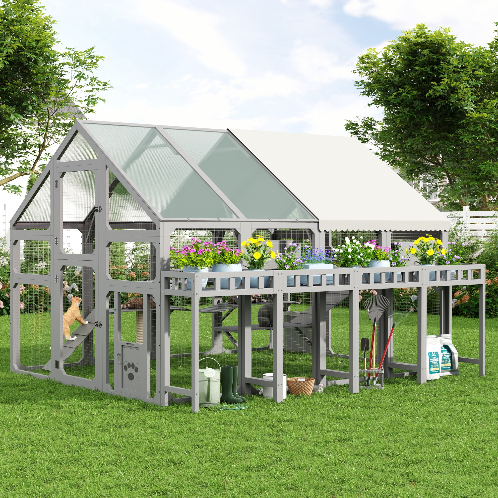 Large Outdoor Cat House with Planter Stand, Wooden Cat Enclosure with Resting Boxes for Multiple Kittens, Hanging Bridge, Platforms,Walk-In Catio Cage with Waterproof Proof Cover, Grey
