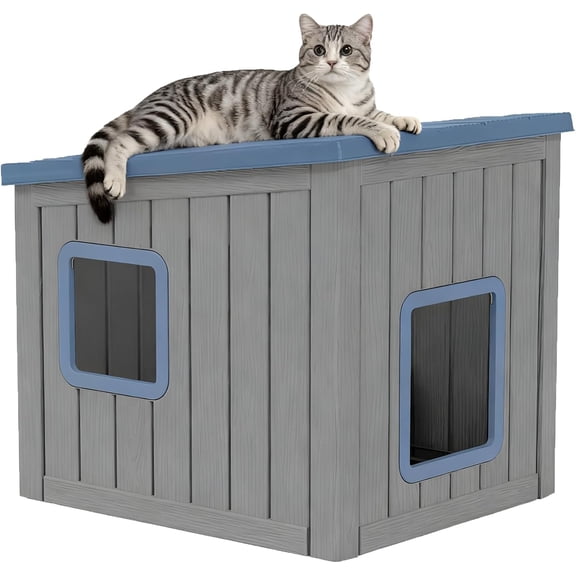 Large Outdoor Cat House Weatherproof, Plastic Cat House with Dual Door, Feral Cat Shelter for Porch, Patio, Backyards,Garage, Neighborhood, Indoor(Blue)