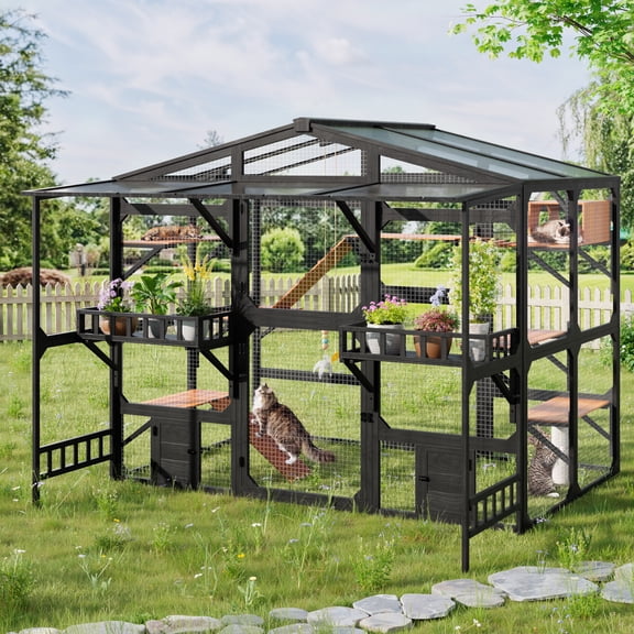 Large Outdoor Catio for 6-10 Cats, Pine Wood Cat Cage Outdoor with Weatherproof Roof, 6 Platforms, Climbing Ramp, 1 Resting Box and Cat Scratching Post, Outdoor Cat House with Storage Shelves, Black