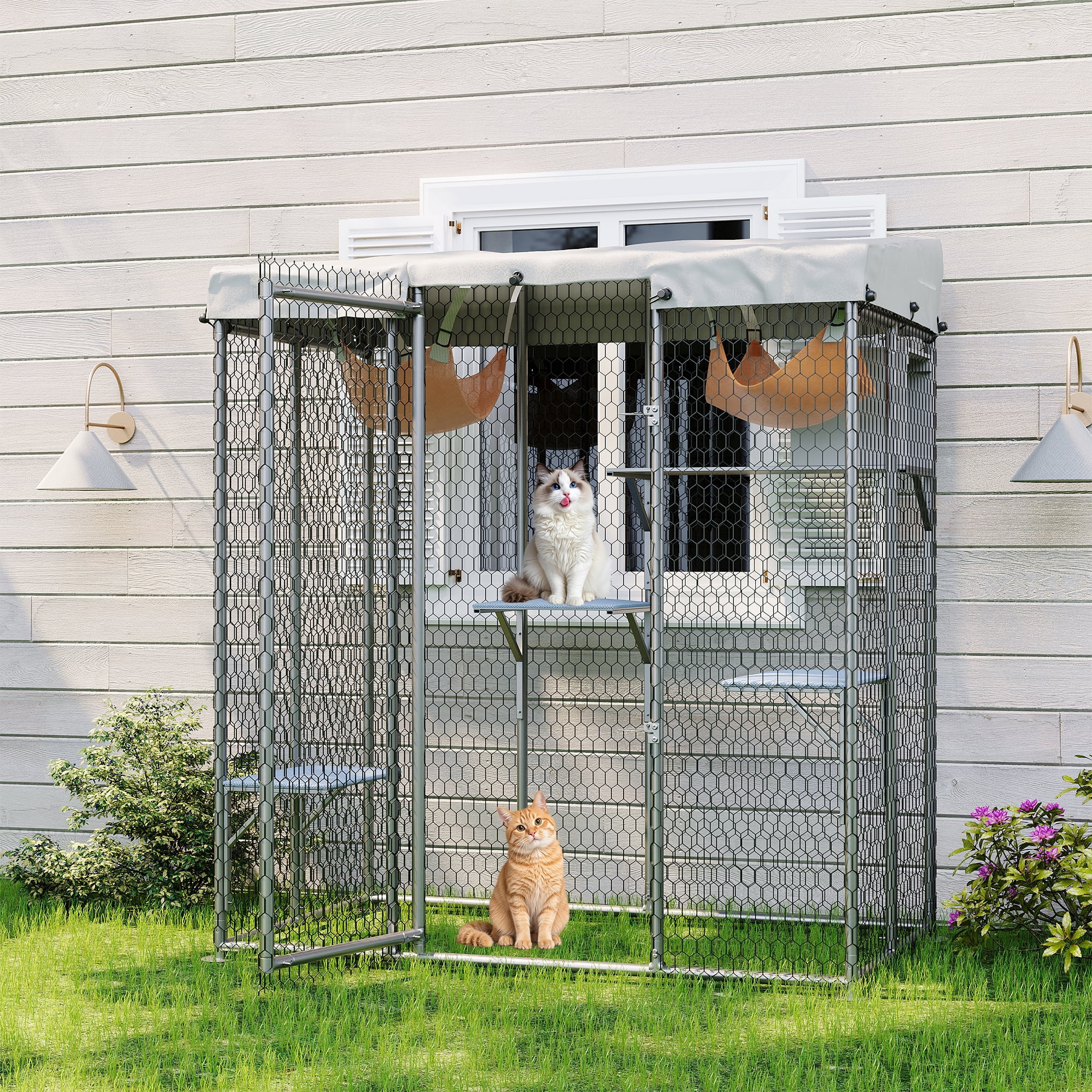 Large Outdoor Catio 79'' Cat Enclosure with 4 Platforms, Hammock, Condo and Waterproof UV-Resistant Roof, Outdoor Walk-in Metal Cat Patio Shelter for Multiple Cats 76''h