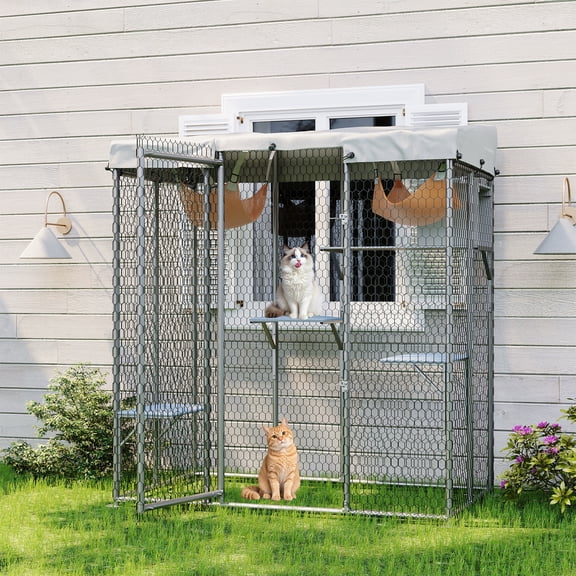 Large Outdoor Catio 79'' Cat Enclosure with 4 Platforms, Hammock, Condo and Waterproof UV-Resistant Roof, Outdoor Walk-in Metal Cat Patio Shelter for Multiple Cats 76''h