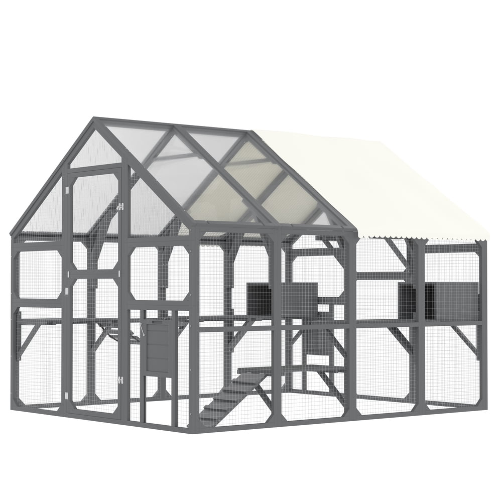 Large Outdoor Catio Cat Enclosure for Multiple Cats, Wooden Cat House with 7 Platforms, 2 Resting Boxes, Bridge & Ramp, Walk-In Kitty Cage with Sunshine Board Roof, Gray
