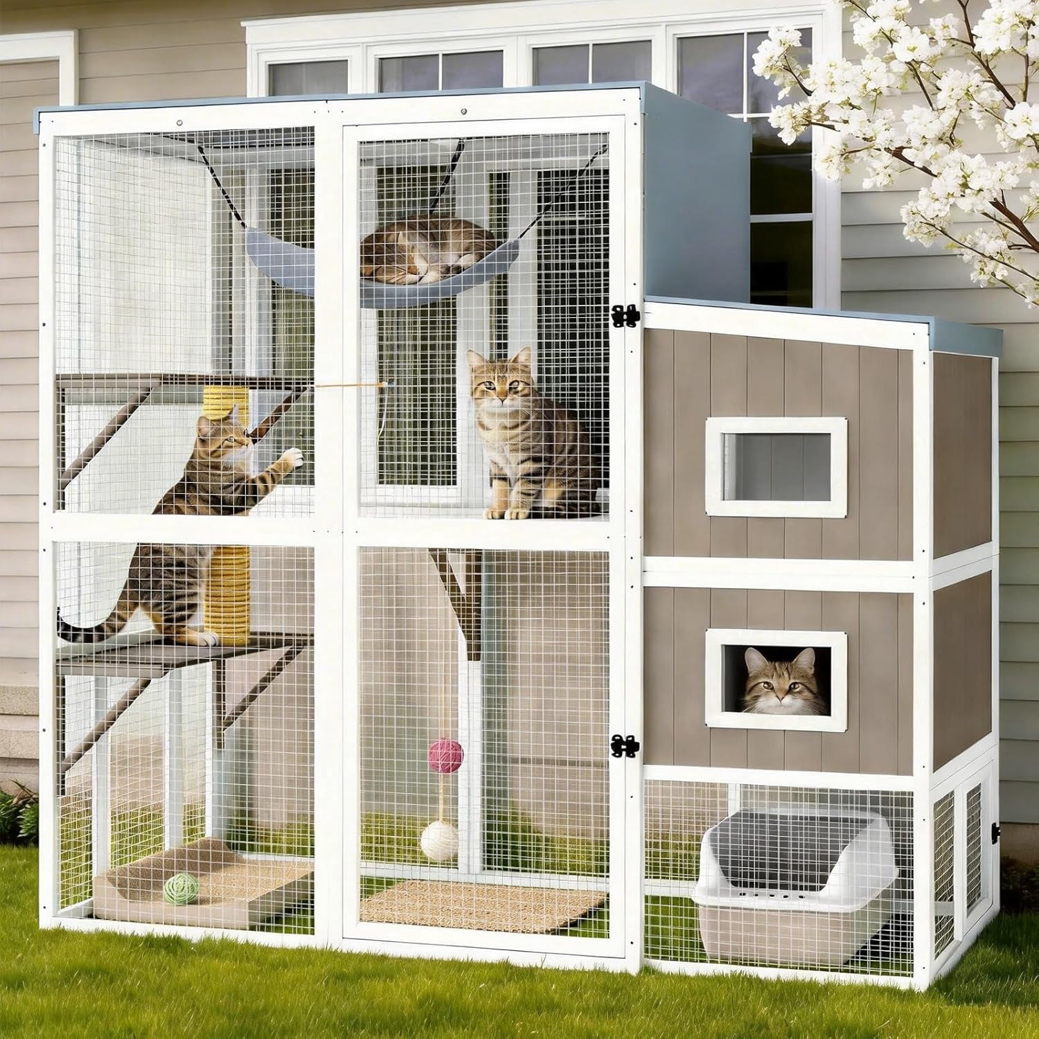 Large Outdoor Catio Cat Enclosure, Walk-in Wooden Cat House with 4-Level Play Platforms, Removable Roof Cover & Window Connection, 75"L