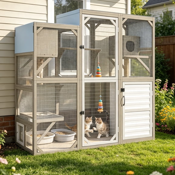 Large Outdoor Catio Cat Enclosure with Storage Cabinet, Walk-In Wooden Cat House with Window Connection & Roll-Up Oxford Roof Cover