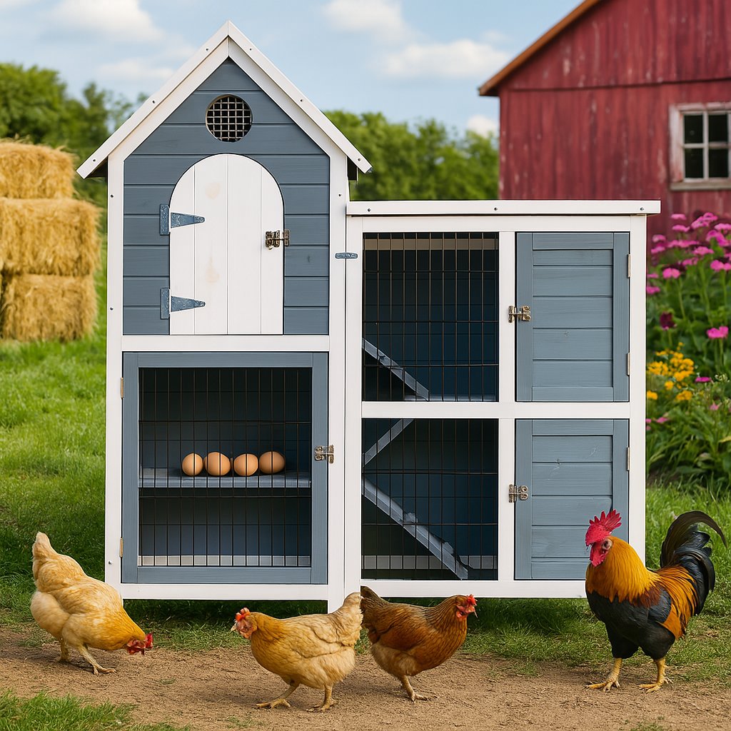 Large Outdoor Chicken Coop Cage,Weatherproof 2-Story Chicken Coop and Rabbit Hutch,Wooden Indoor/Outdoor Pet House with No-Leak Tray,Waterproof Roof and Pull-Out Tray (50.98" L×48.23" H, Blue)