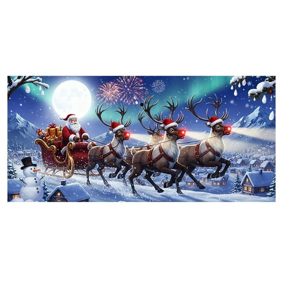 Large Outdoor Christmas Garage Door Banner, Festive Holiday Decoration for Front Porch Yard Party, Santa Sleigh Reindeer Design