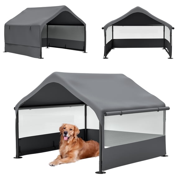 Large Outdoor Dog House Tent with 3-Sided Mesh Windows, Sun Rain Cover Pet Shelter with Canopy and Ground Stakes for Dogs, Cats, Livestock, 4' x 4' x 3.3'