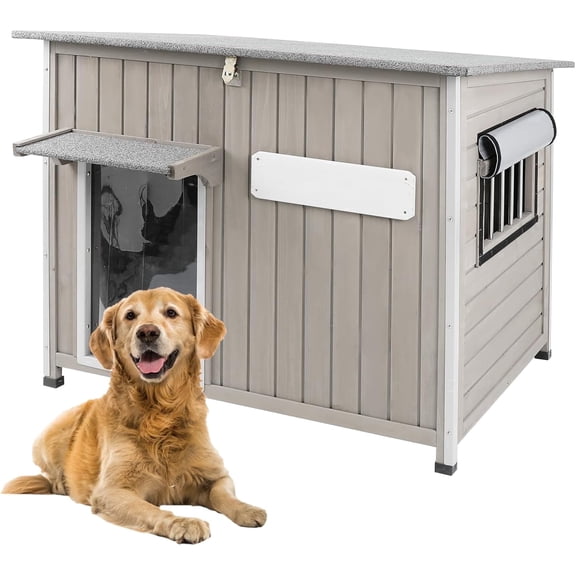 Large Outdoor Dog House Waterproof for Small to Large Dogs, Outdoor Indoor Doghouse Kennel Shelter Weatherproof with Anti-Chewing Iron Frame, Wndow, Open Roof, Removable Floors(43" L*29.5" W*33.5" H)