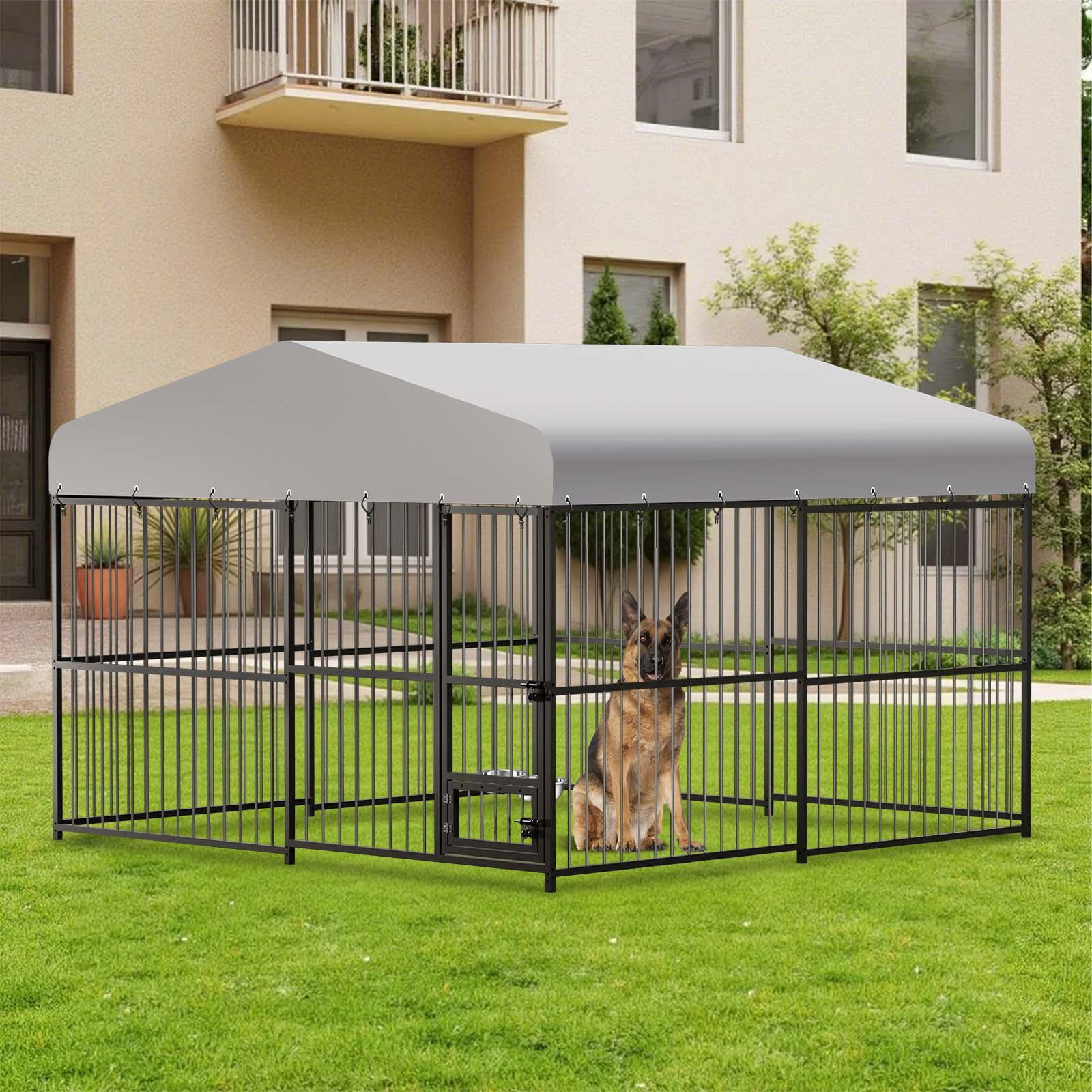 Large Outdoor Dog Kennel, 10x10 ft Dog Kennel Outside with 2 Stainless Steel Bowl, Waterproof Cover, Outdoor Dog Enclosures for Large Dogs