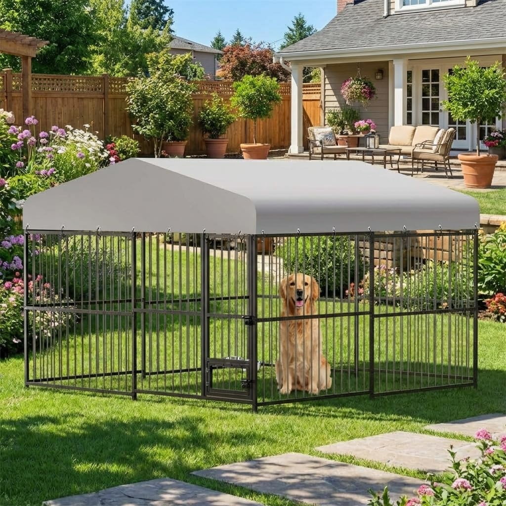 Large Outdoor Dog Kennel, 10x10ft Dog Kennel Outside with 2 Stainless Steel Bowls, Waterproof Cover, Outdoor Dog Enclosures for Large Dogs