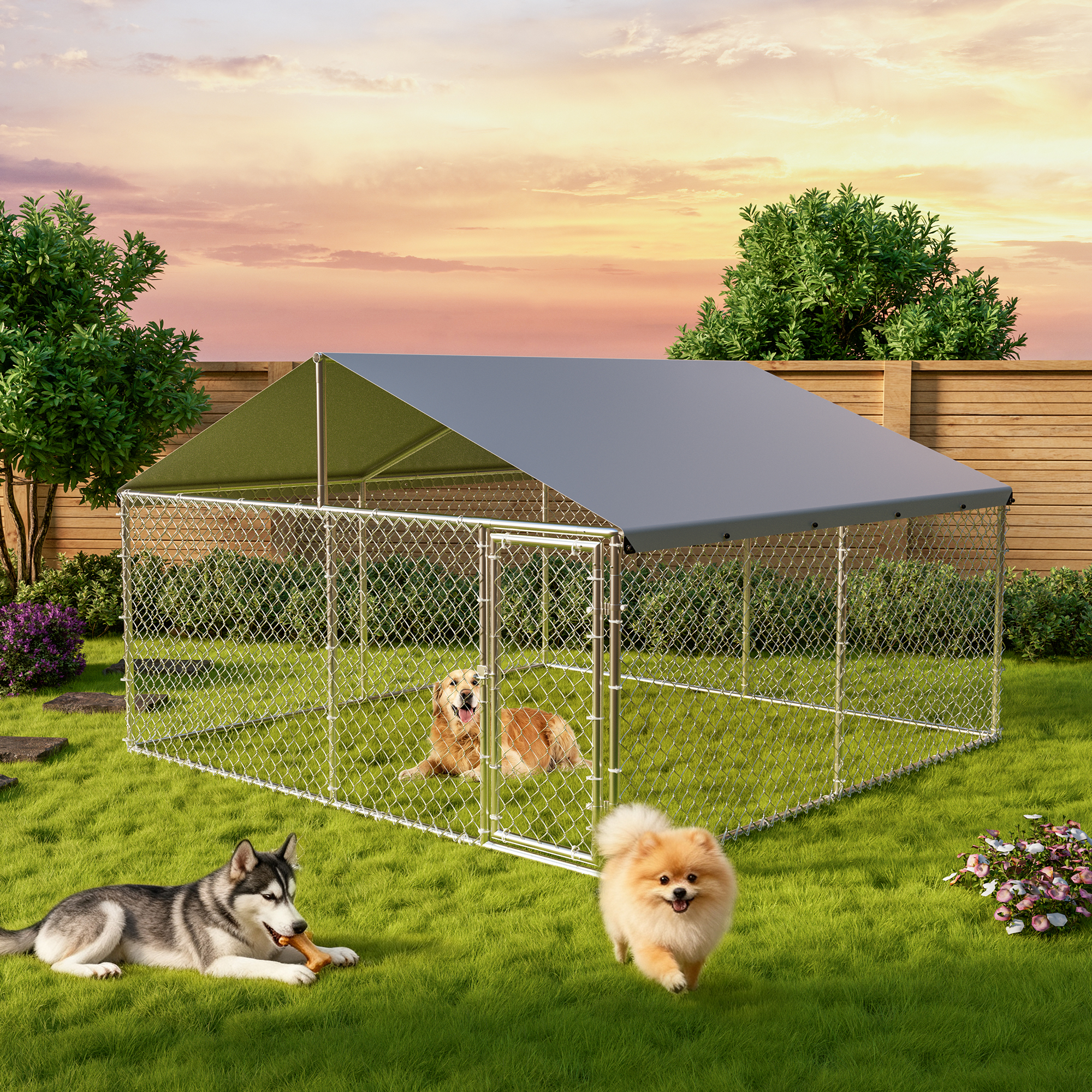 Large Outdoor Dog Kennel, 10x10x6ft Dog Kennel with Waterproof & UV-Resistant Cover, Large Dog House for Outside Backyard Farm